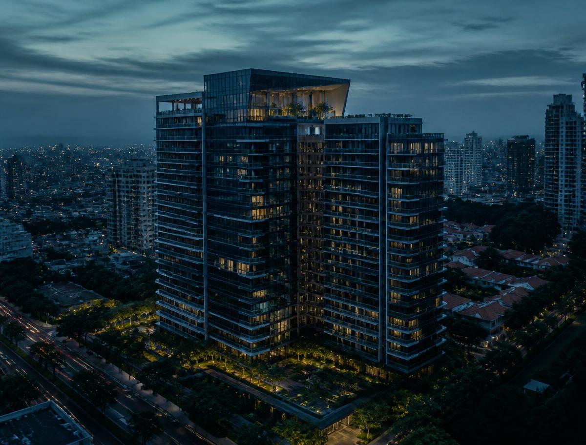 Condomínio residencial vertical moderno ao anoitecer