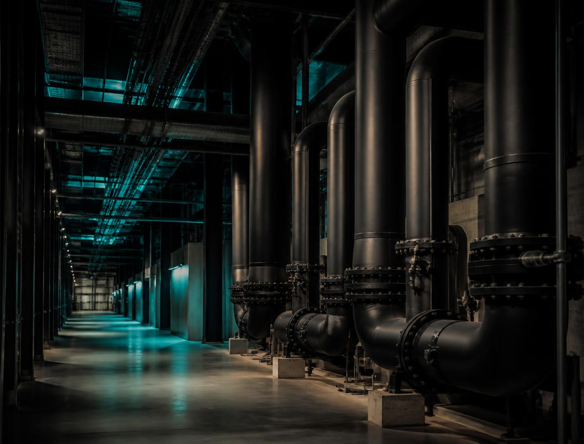 Interior de planta industrial com tubulação de utilidades